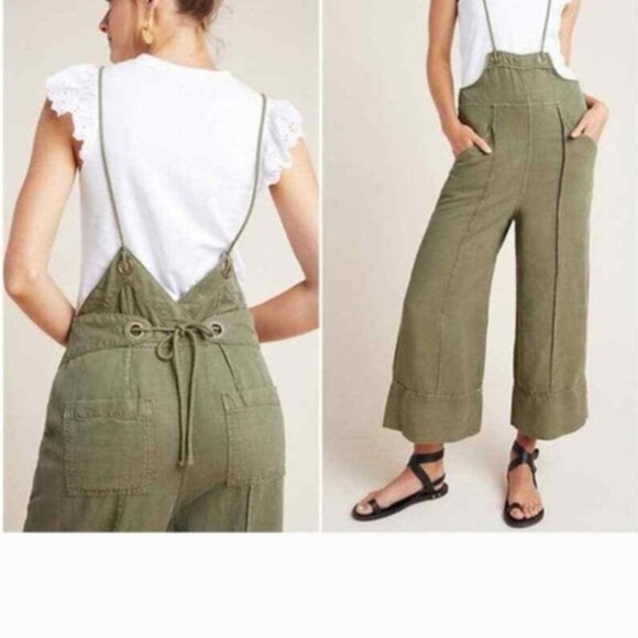 Heihei Pants - Hei Hei Anthropologie Linen Blend Wide Leg Jumpsuit Olive Green Small